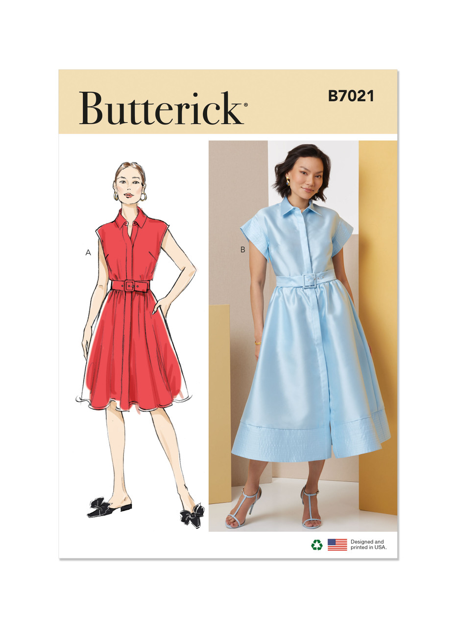Butterick B7021 | Butterick Sewing Pattern Misses' Dress with Belt, Sleeve and Length Variations | Front of Envelope