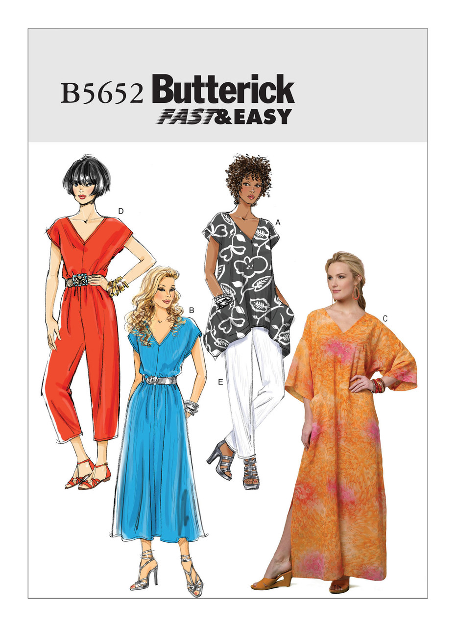 Butterick B5652 | Misses' V-Neck Top, Dress, Caftan, Jumpsuit and Pants | Front of Envelope