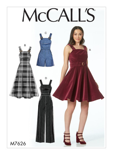 M7626 | Misses' Dresses, Belt, Romper, and Jumpsuit with Pockets