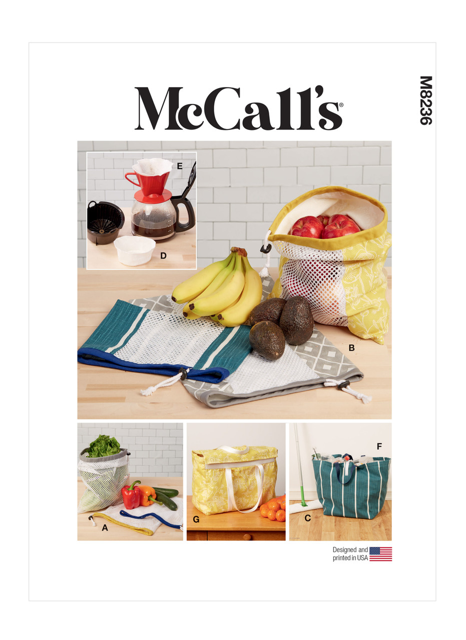 McCall's M8236 | Fruit and Vegetable Bags, Mop Pad, Coffee Filters, Bin and Bag | Front of Envelope