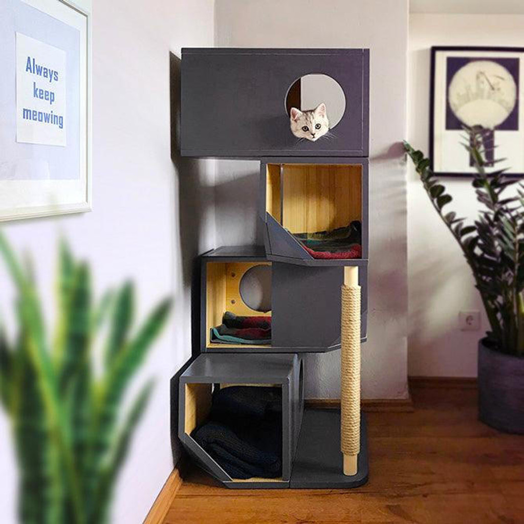  Catissa Climbing Cat House and Tower | Free Standing | 4-Storey | Black   Pets Own Us