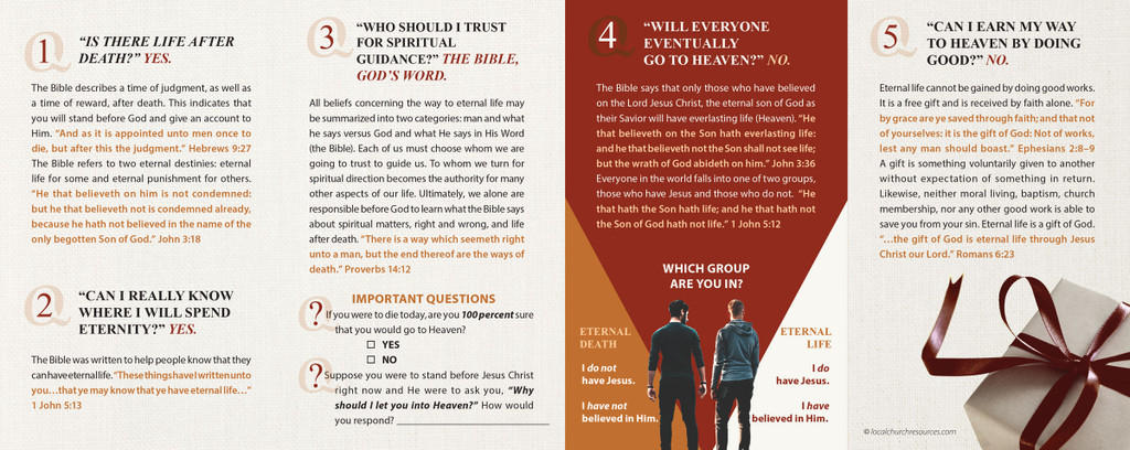 Inside panels of “Frequently Asked Questions About Eternal Life – Red with Texture” gospel tract