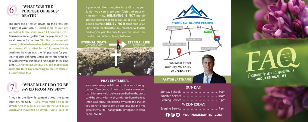 Back panel of “Frequently Asked Questions About Eternal Life – Purple Flower” gospel tract