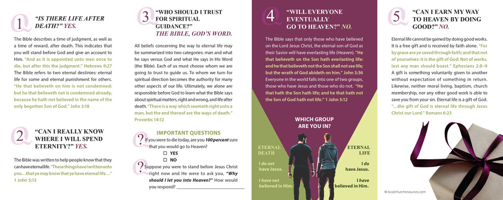 Inside panels of “Frequently Asked Questions About Eternal Life – Purple Flower” gospel tract