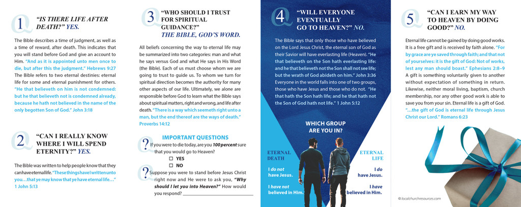 Inside panels of “Frequently Asked Questions About Eternal Life – Blue Texture” gospel tract