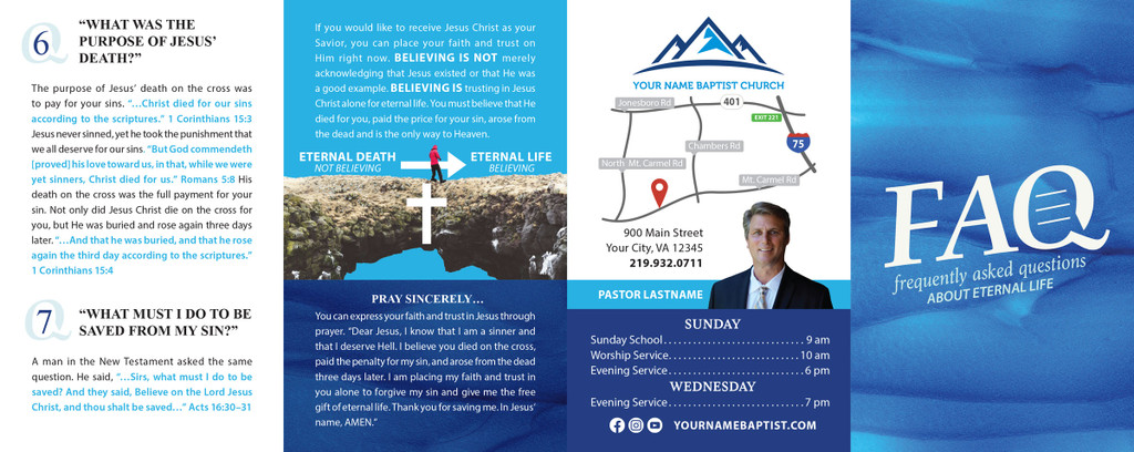 Back panel of “Frequently Asked Questions About Eternal Life – Blue Texture” gospel tract