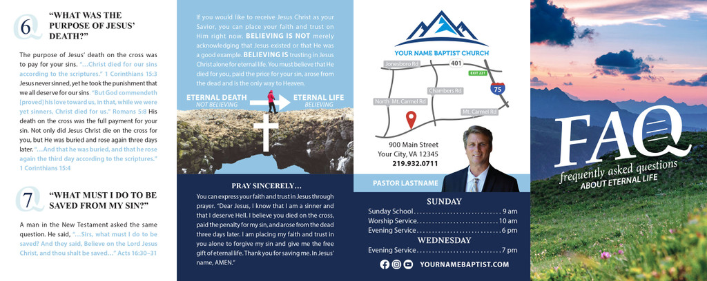 Back panel of “Frequently Asked Questions About Eternal Life – Scenic” gospel tract