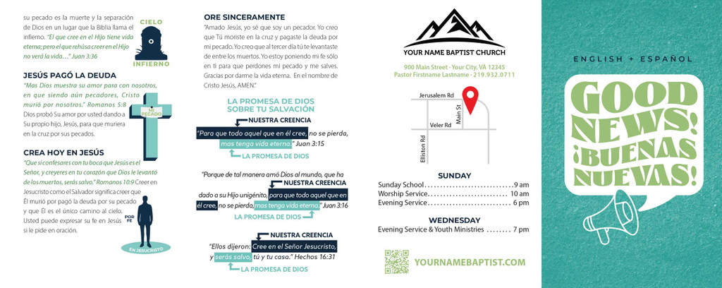 Inside panels of “Good News – Buenas Nuevas (Bilingual)” gospel tract