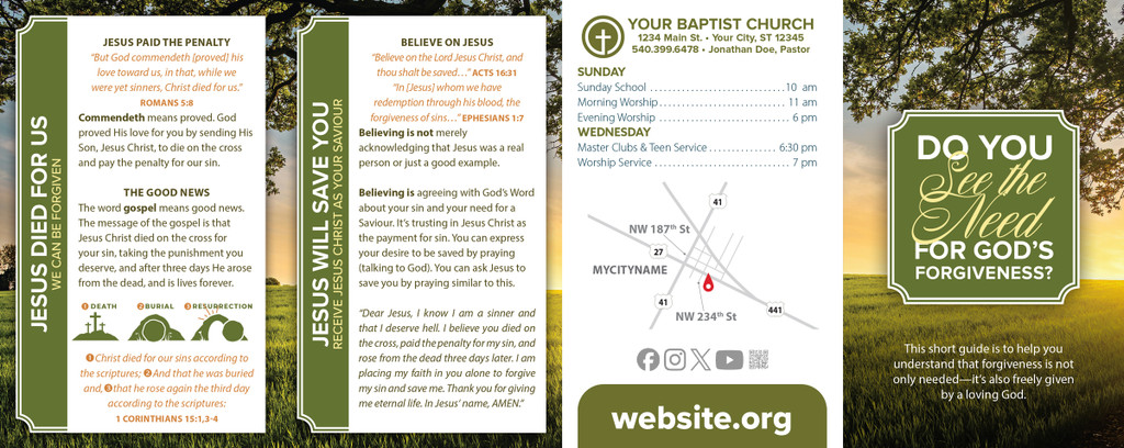 Back panel of “Do You See the Need for God’s Forgiveness? – Green Landscape” gospel tract