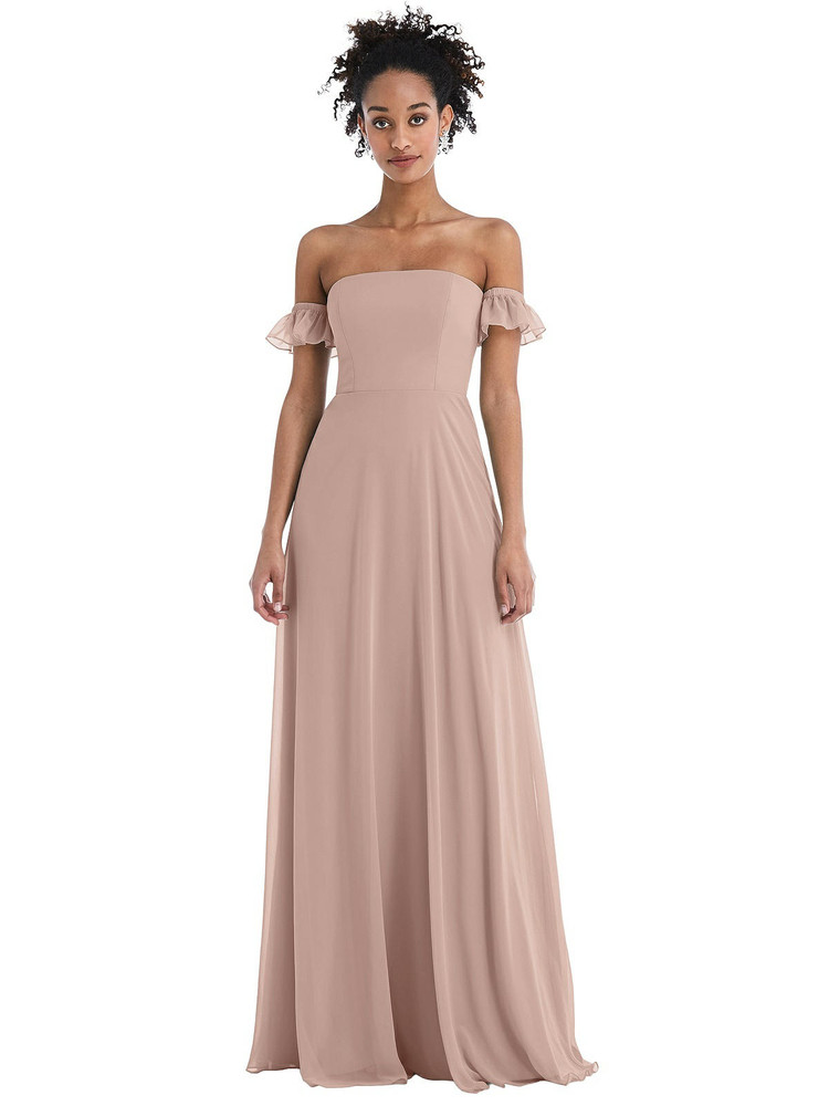 Off-the-Shoulder Ruffle Cuff Sleeve Chiffon Maxi Dress Thread Bridesmaid Style TH046
