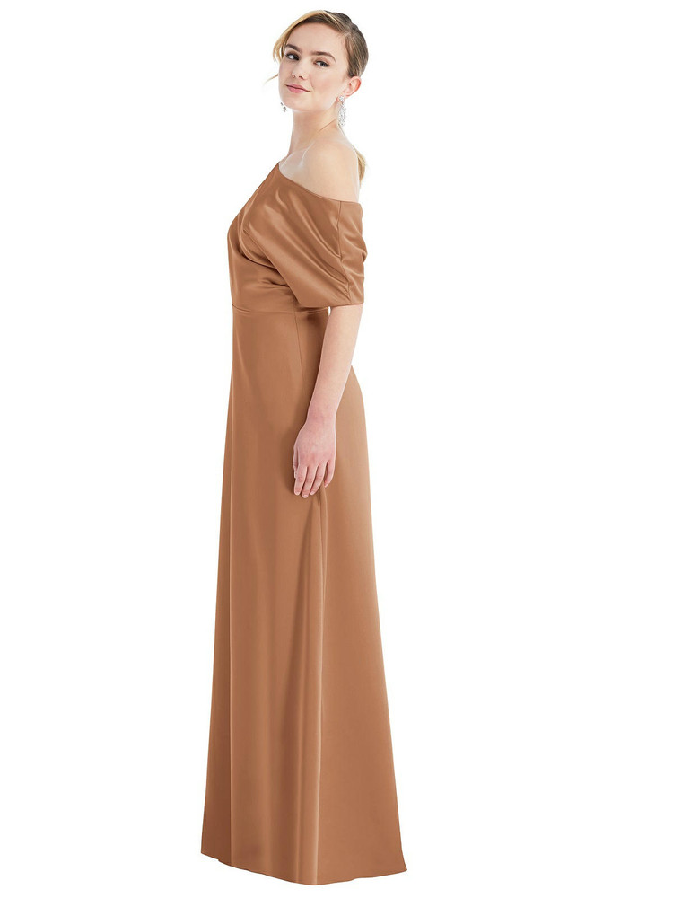 One-Shoulder Sleeved Blouson Trumpet Gown by Dessy Bridesmaid 3076 in 17 colors in toffee