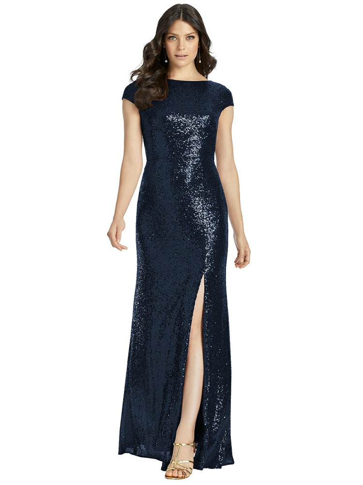 short sleeve sequin beaded gown with cowl back