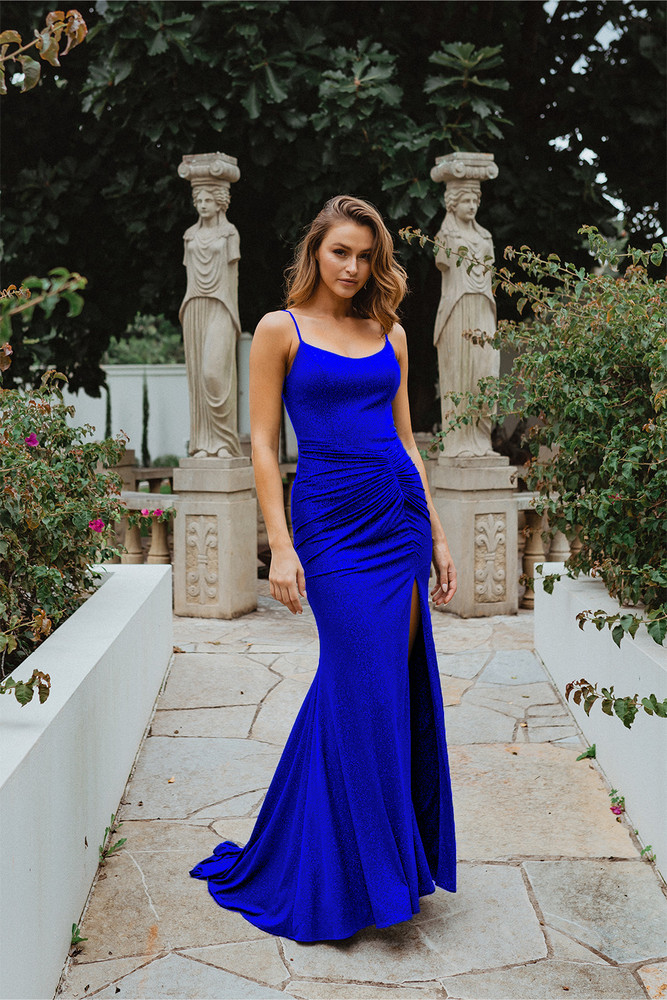 Lustre - Cobalt Blue Formal Dress | Metallic V Plunge Neckline leg Split –  STUDIO MINC