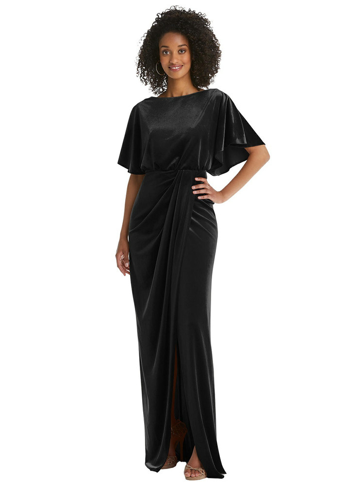 Flutter Sleeve Open-Back Velvet Maxi Dress with Draped Wrap Skirt By After Six 1552 in 9 colors