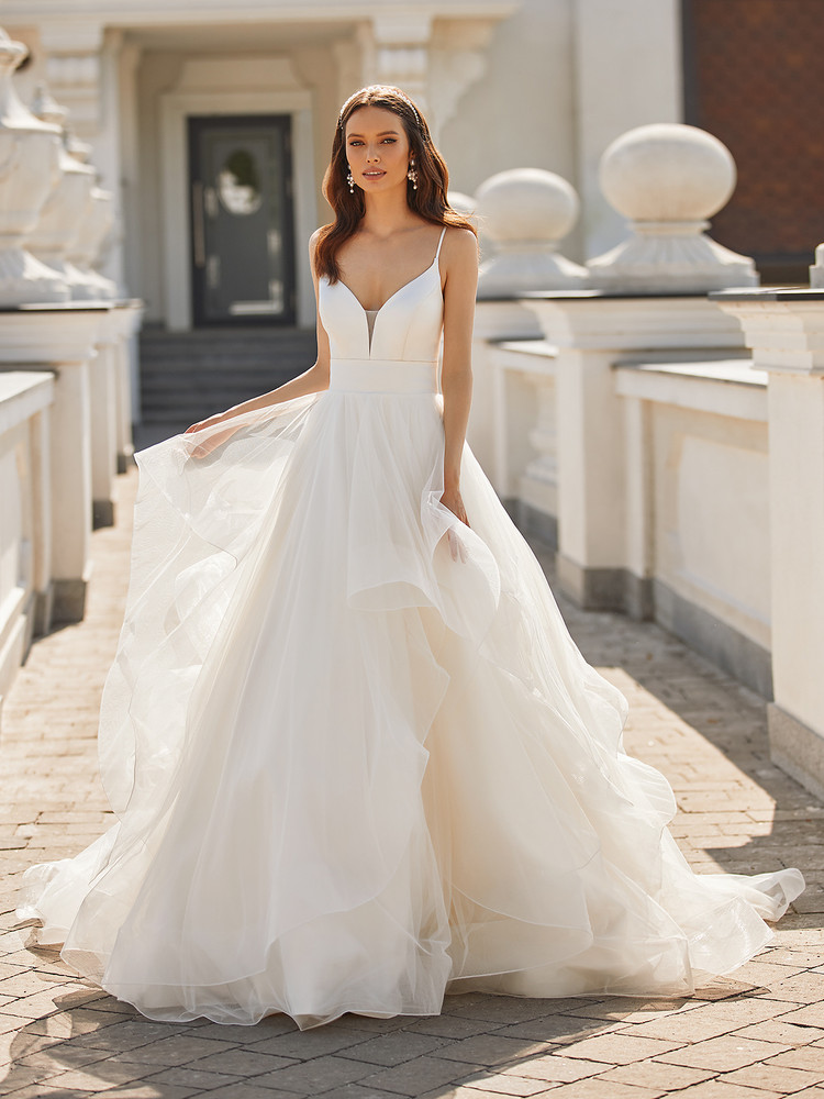 Kaylee J6832 by Moonlight Bridal Modern Glam Ball Gown with Simple Satin  Bodice and Cascade Skirt
