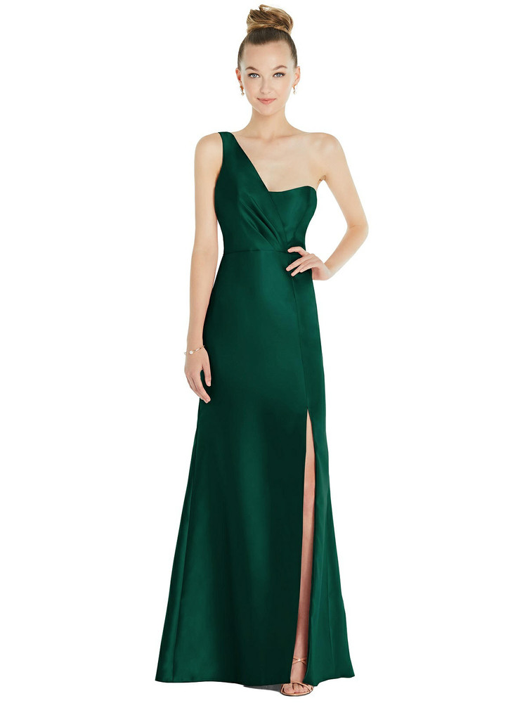 Draped One-Shoulder Satin Trumpet Gown with Front Slit by Alfred Sung ...