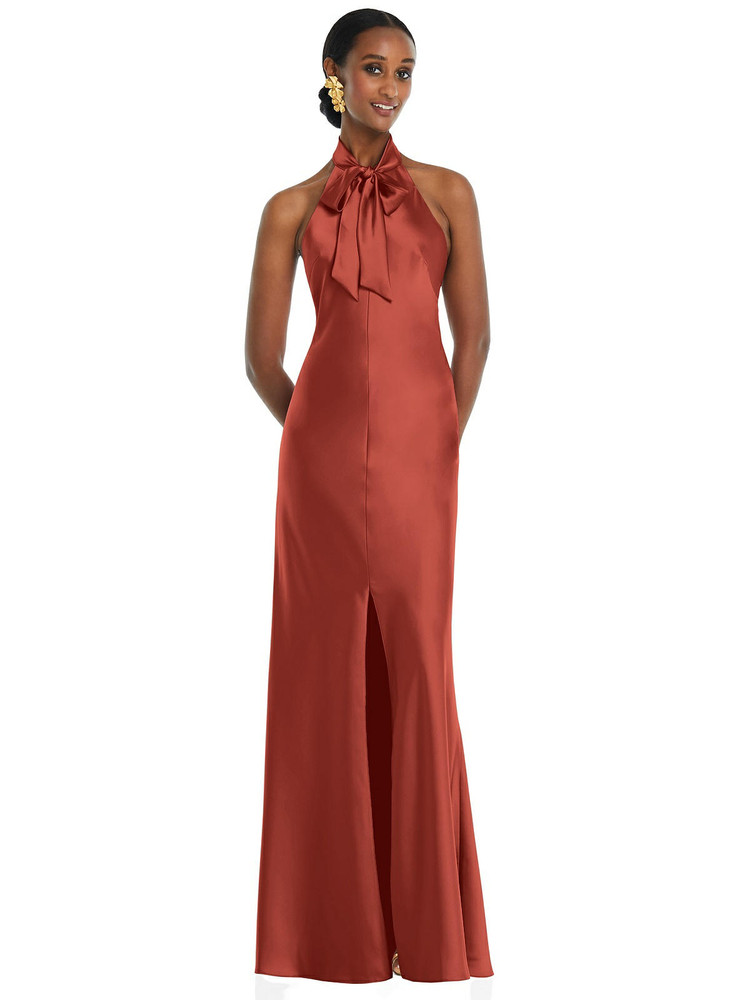 Scarf Tie Stand Collar Maxi Dress with Front Slit by Lovely Bridesmaid  LB039| Fashionably Yours Bridal and Formal Wear
