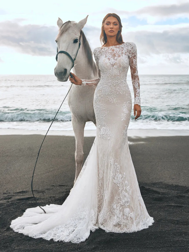 Luxury Fully Lined Long Sleeves Lace Beaded Mermaid Wedding Dress BWD0