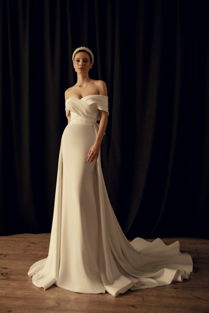 Luxury Off Shoulder A-Line Sleeveless Satin Wedding Dress - Elsi John