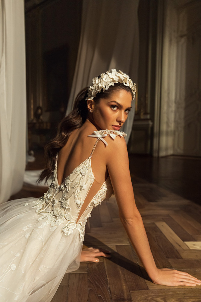 Kimberly A Line Wedding Gown By Luce Sposa with glitter, embroidery and lace