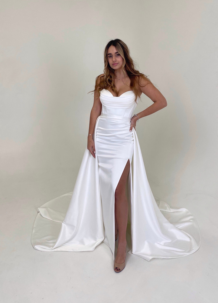 Amelie Ruched Details Fitted Wedding Gown with optional Overlay Skirt in Satin or Crepe