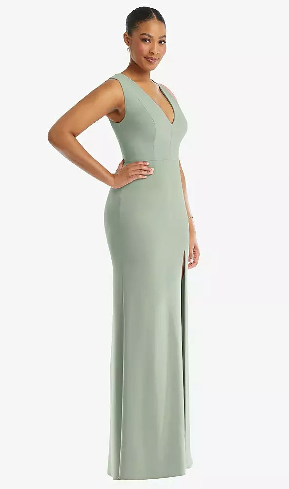 DEEP V-NECK CLOSED BACK CREPE TRUMPET GOWN WITH FRONT SLIT TH111 By Thread  Bridesmaids in 29 colours
