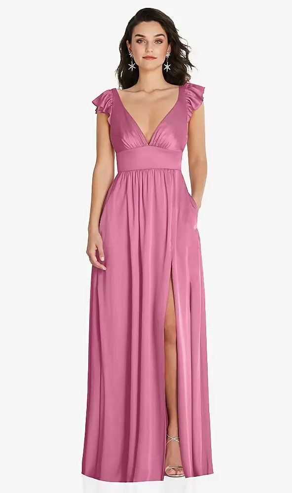 Deep V-neck Ruffle Cap Sleeve Maxi Bridesmaid Dress With Convertible Straps  In Willow Green