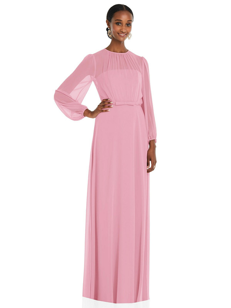 Strapless Chiffon Maxi Dress with Puff Sleeve Blouson Overlay Dessy Collection 3098