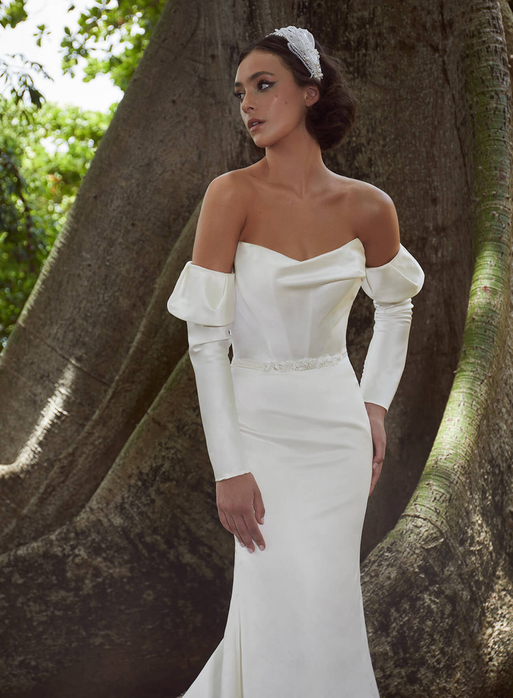Indrani Soft Satin Sweetheart Sheath Wedding Gown With Detachable Sleeves by Calla Blanche Bridal (Pre-order only) 