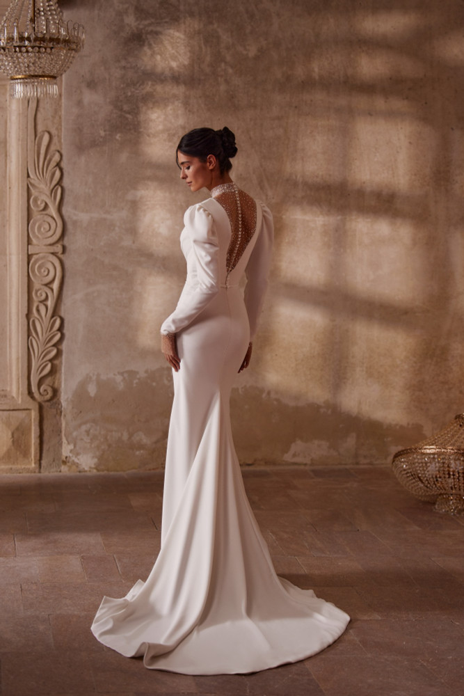 Anika V-Neck Crepe Long Sleeve Wedding Dress with Embroided Beads and Sequins by Luce Sposa 