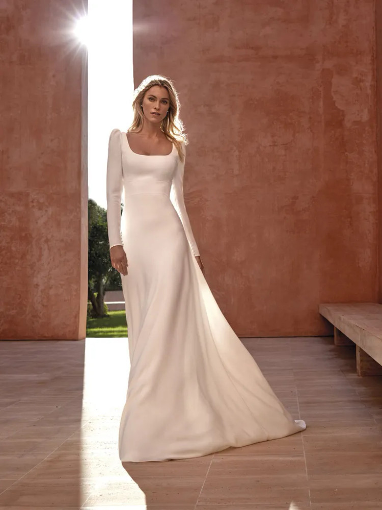 Aspen Straight-neck A-line Long Sleeved Crepe Wedding Gown by