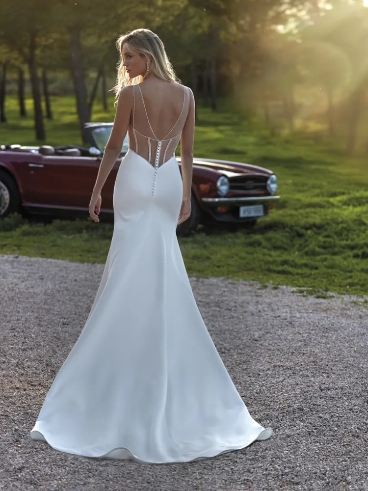 Angkor V-neck Mermaid Crepe & Tulle Wedding Gown with Beads by Pronovias (Available Online Only)