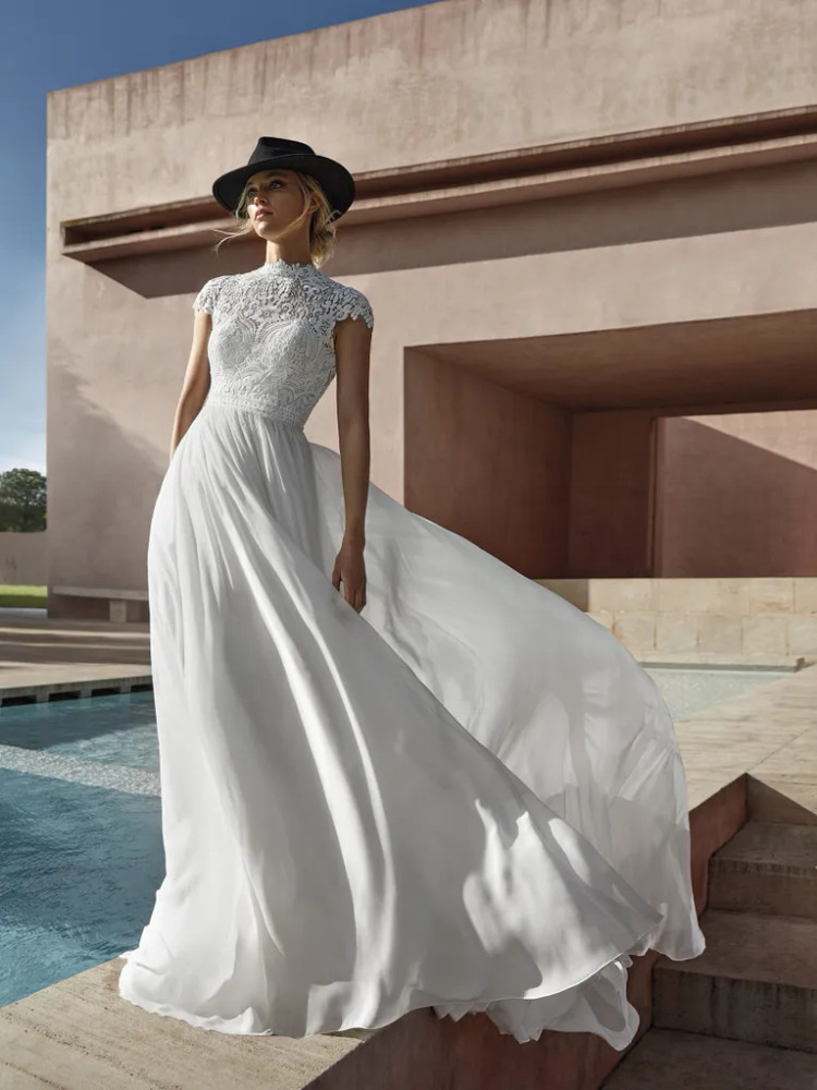 Beaded Ruffled Cap Sleeve Grecian Chiffon Wedding Dress - VQ