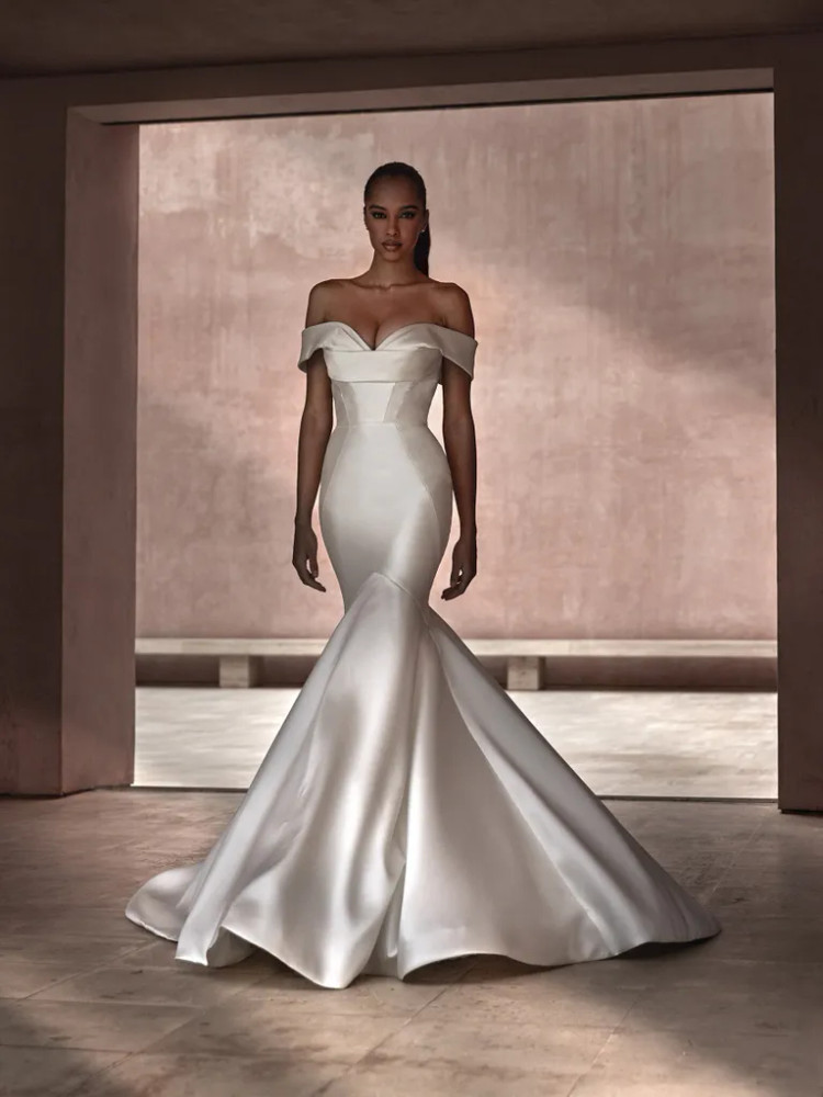 Avonia Mikado Wedding Gown with Off Shoulder Sleeves by Pronovias