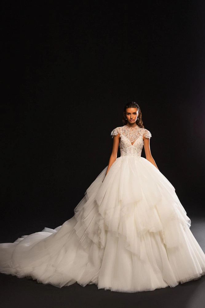 Leomie Tulle Ball Gown Wedding Dress by Wona Concept with Lace Wrap