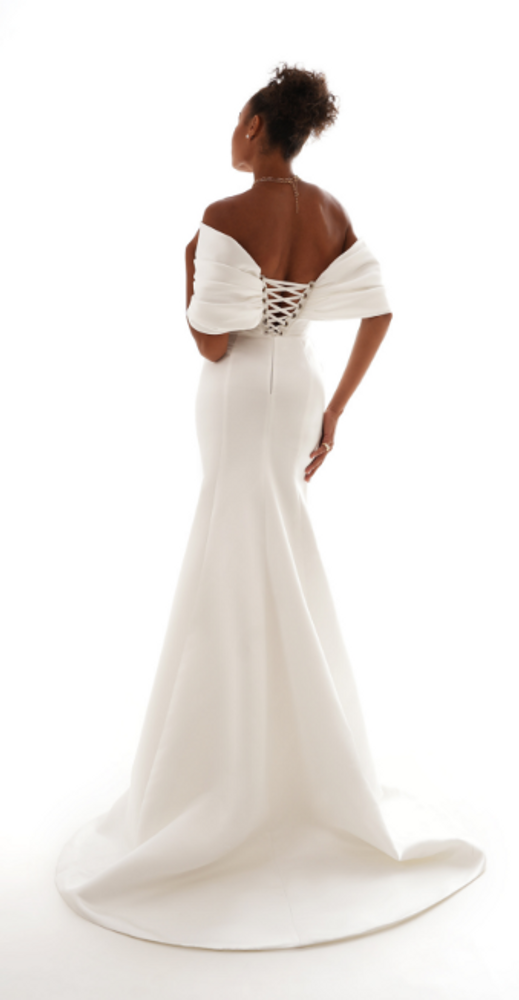 Viola Off Shoulder Satin Wedding Gown with Optional Overskirt by Olya Mak Bridal (pre order)