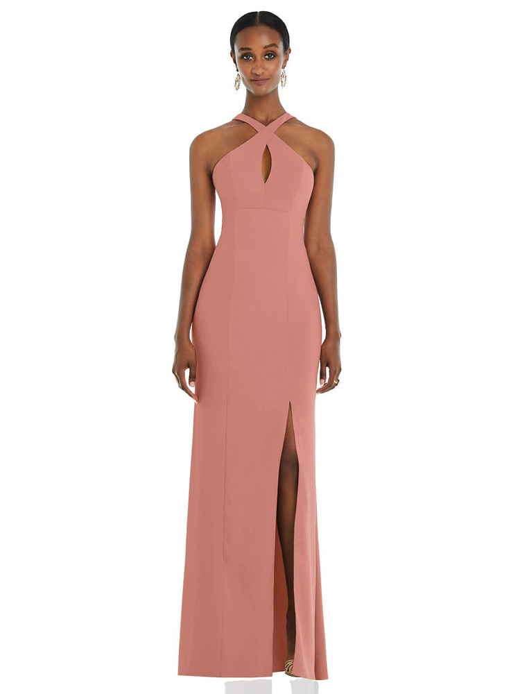 Criss Cross Halter Princess Line Trumpet Gown by Dessy Collection 3093 in  Desert Rose size 10US (12AUS)