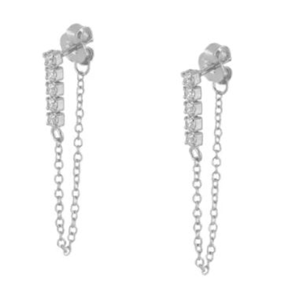 Stud Chain Drop Earrings in Silver or Gold with Zirconia