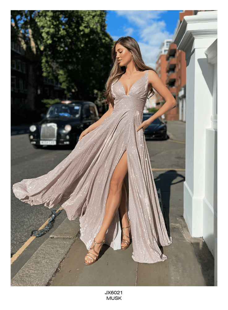 Lainey Evening Formal Dress JX6021 By Jadore Evening Glitter V-Neck Empire Waist Ball Gown with Slit Musk size 12