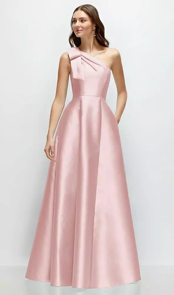 Bow One-Shoulder Full A-Line Satin Maxi Dress - Savanna · Style