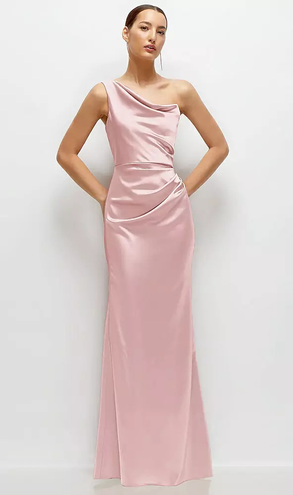 One-Shoulder Cat-Eye Neckline Fit and Flare Satin Maxi Dress