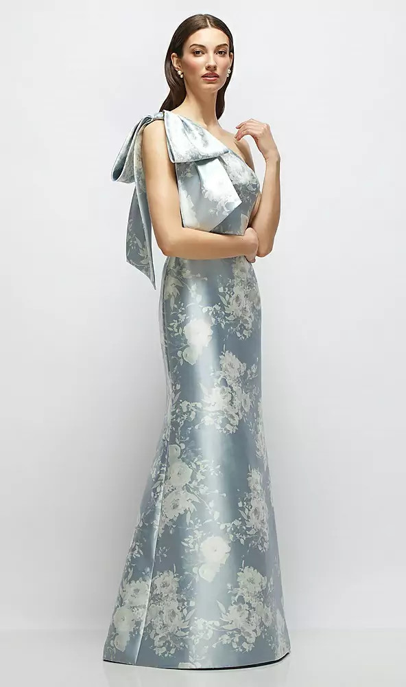 Bow One-Shoulder Satin Floral Maxi Dress with Trumpet Skirt in Porcelain Blue Seraphina Floral D879FP 