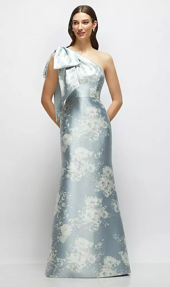 Bow One-Shoulder Satin Floral Maxi Dress with Trumpet Skirt in Porcelain Blue Seraphina Floral D879FP 