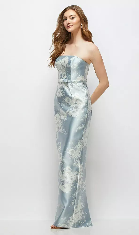 Floral Strapless Satin Column Dress with Bow-Trimmed Skinny Belt in Porcelain Blue Seraphina Floral