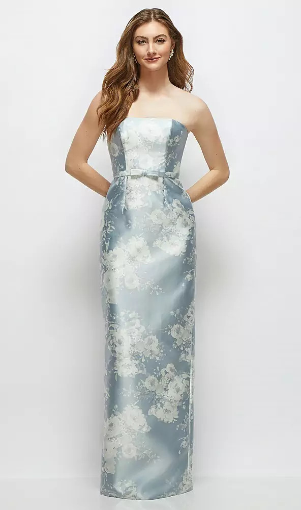 Floral Strapless Satin Column Dress with Bow-Trimmed Skinny Belt in Porcelain Blue Seraphina Floral