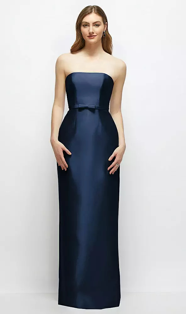 Floral Strapless Satin Column Dress with Bow-Trimmed Skinny Belt