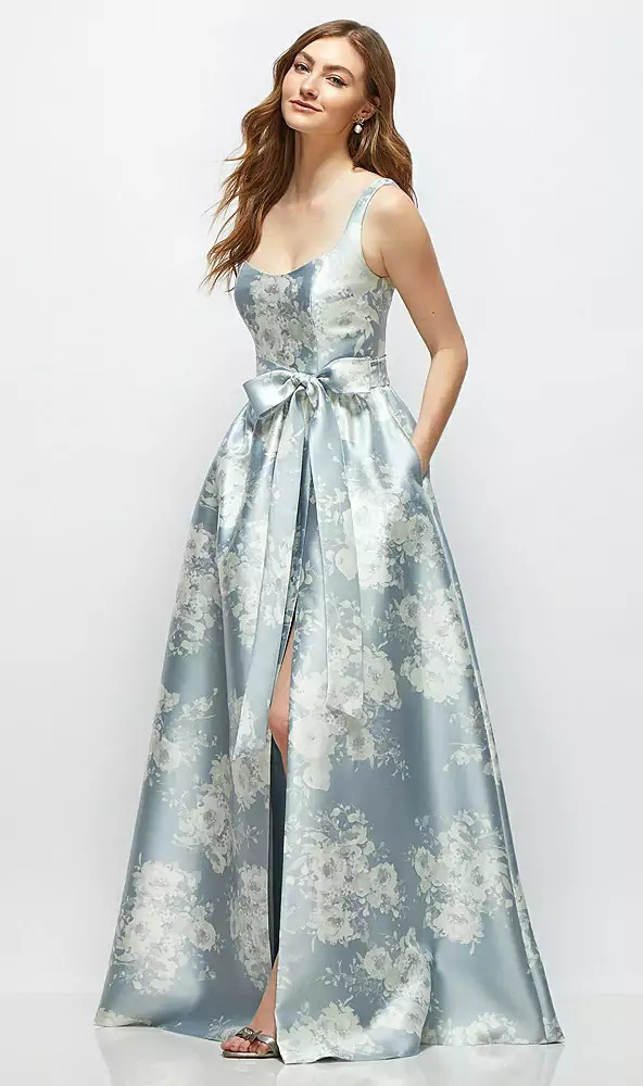 Floral Scoop-Neck Tank Bodice Maxi Dress with Full Skirt in Porcelain Blue Seraphina Floral 