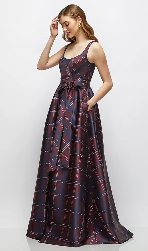 Scoop-Neck Tank Bodice Alba Tartan Satin Maxi Dress with Full Skirt in Cabernet Midnight Tartan 3176