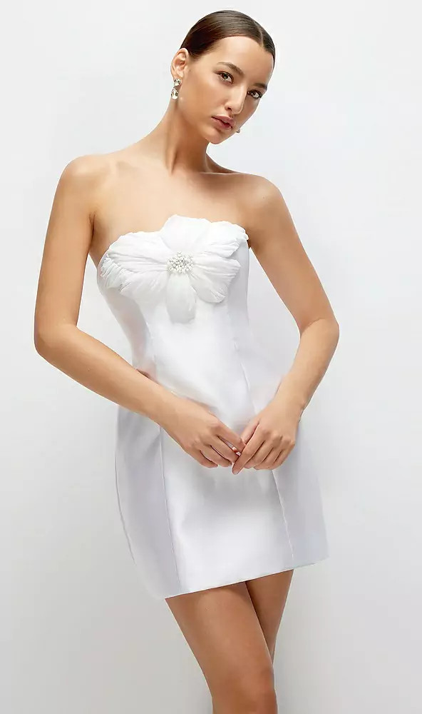 Emilia Strapless Satin Litte White Mini Dress with Handmade Flower Detail 3167