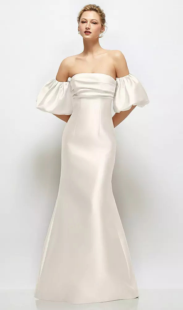 Off-the-Shoulder Puff Sleeve Satin Maxi Dress with Flared Skirt D885 Esther